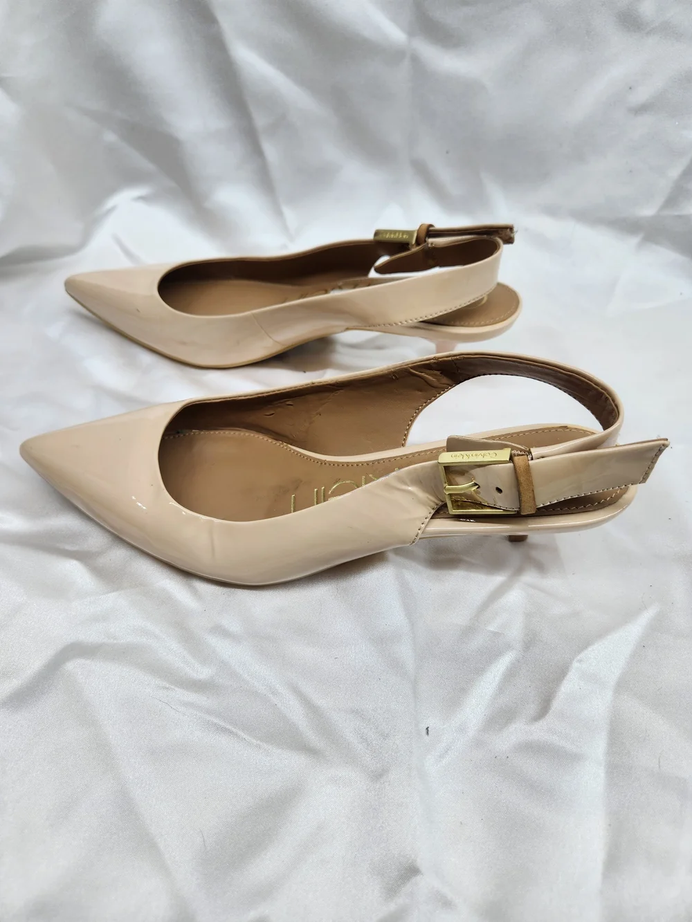 Calvin Klein Beige Patent Pointed Slingback Flats